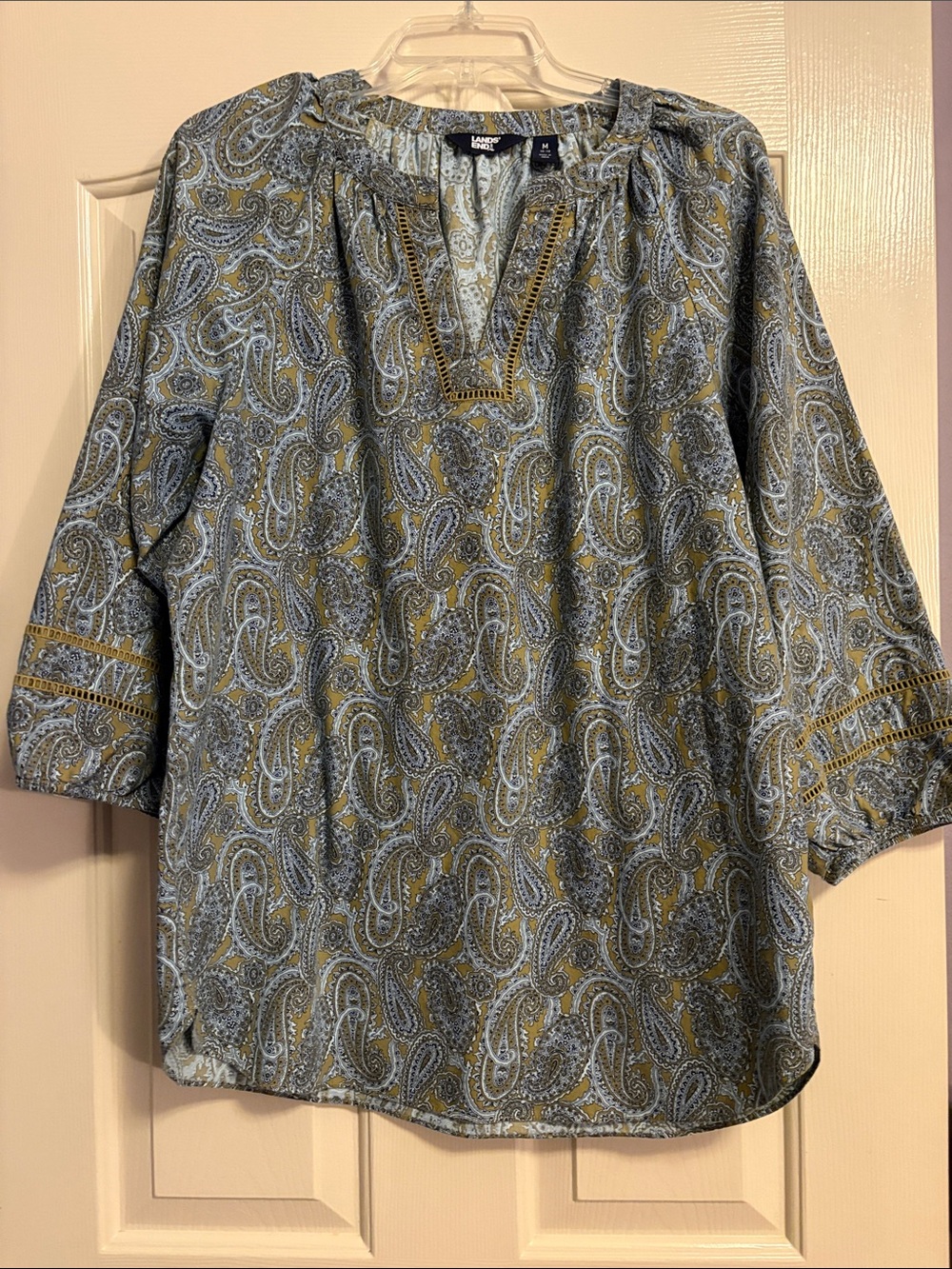 Lands' End Olive & Blue Paisley Split-Neck Tunic